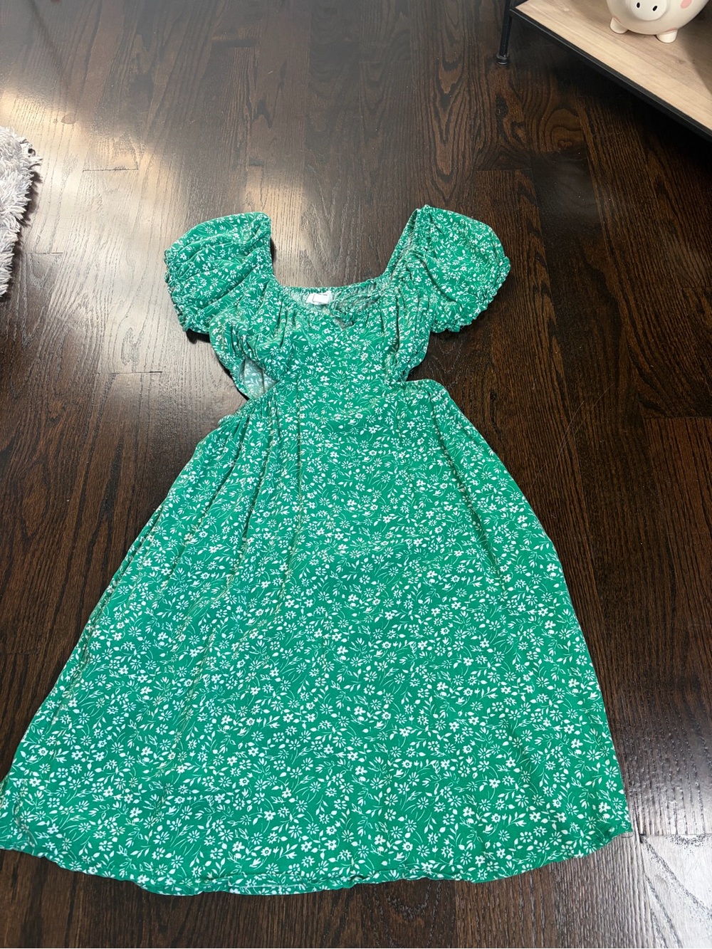Girls Green Floral Puff-Sleeve Dress